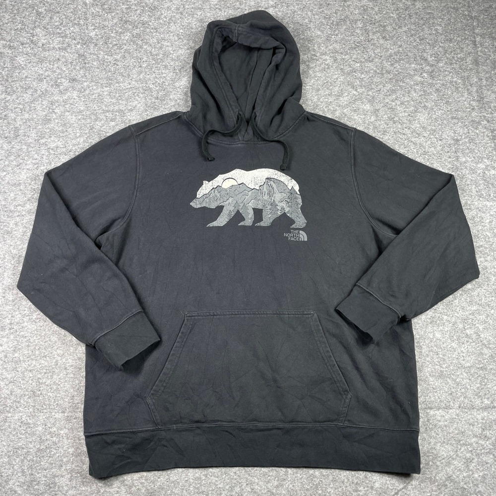 The North Face Hoodie Mens XXL Black Grizzly Bear Mountain Pullover Fleece